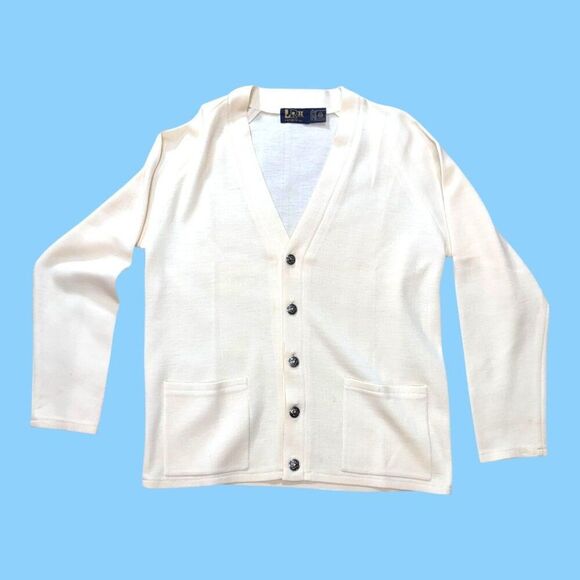 Vintage Le Roy Men Cardigan Sweater Button-Up Knit White Wool Grandpa Core SEE - Picture 1 of 6